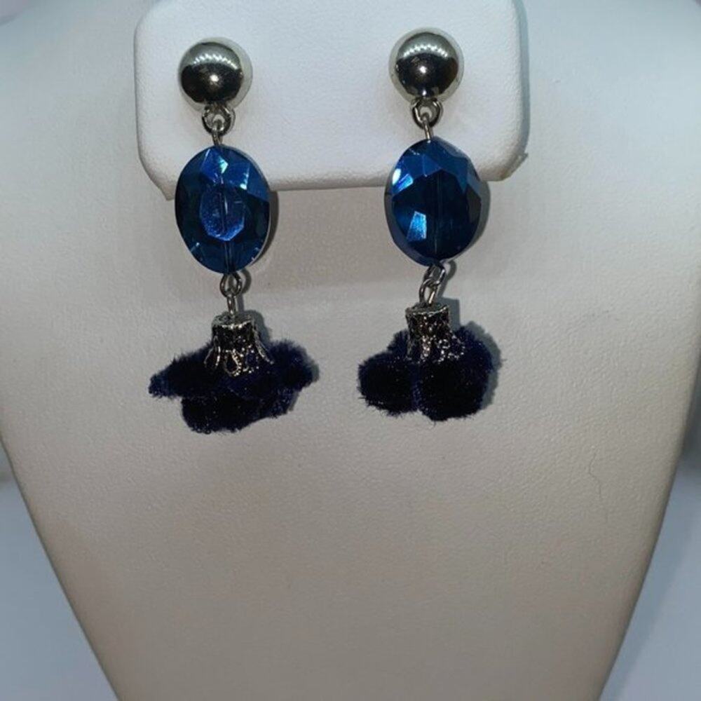 Silver-Tone Blue Beaded & Pom-Pom Dangle Earrings